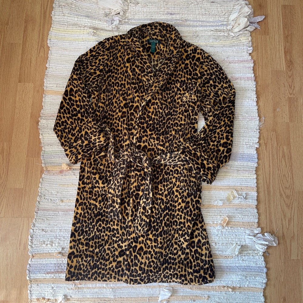 Lauren By Ralph Lauren Short Fleece Black and Tan Cheetah Print Bathrobe Size XL - Picture 5 of 9